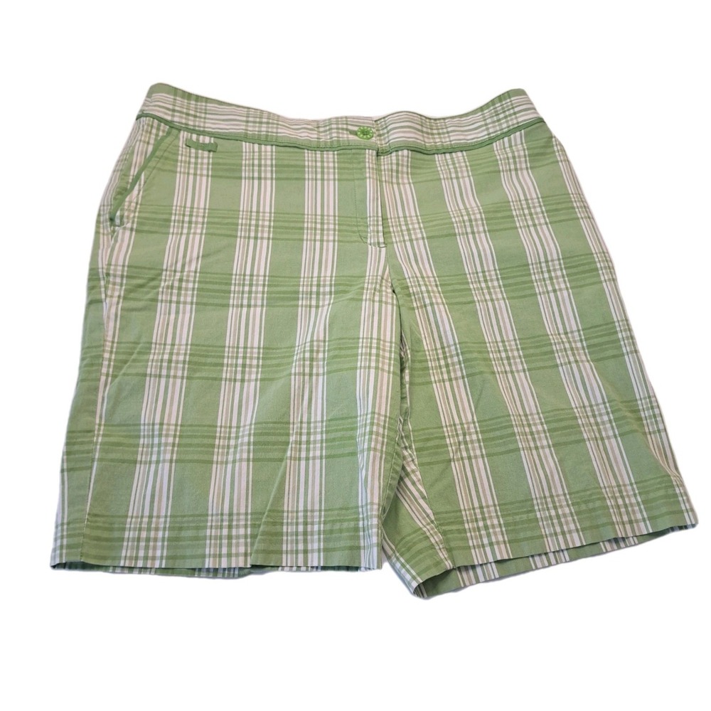 Izod XFG Golf Shorts Womens 14 Cool FX  Pockets Bermuda Green Plaid Embroidered